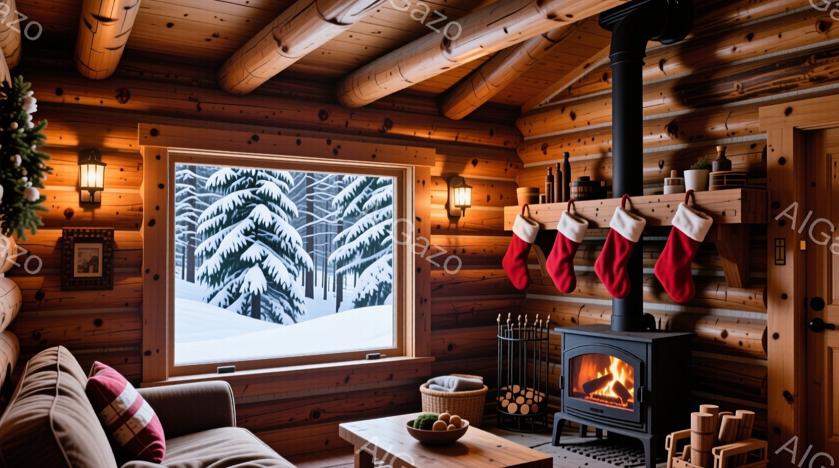 温かみのある木の家の中に、雪景色を望む窓があります。暖炉には火が灯り、赤いクリスマスストッキングが飾られており、冬の暖かく居心地の良い雰囲気が漂っています。家具は木製で、部屋全体が落ち着いた色調で統一 - AI生成フリー素材