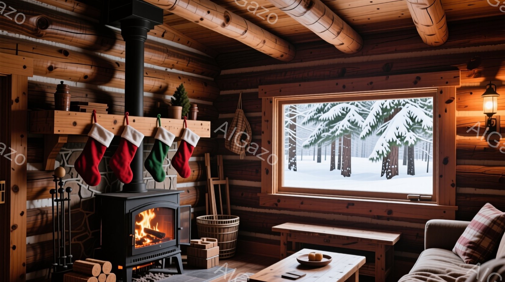 暖炉のある木のコテージの内部で、クリスマスの靴下が暖炉の上に飾られています。窓からは雪に覆われた森林が見え、冬の穏やかな雰囲気を醸し出しています。部屋全体は木製で温かく、落ち着いた空間を作り出しています。