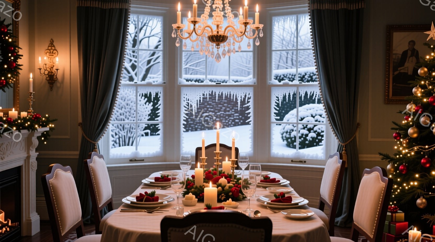 暖炉と窓から雪景色が見える、エレガントなダイニングルームの様子だ。白いテーブルクロスが敷かれたテーブルには、キャンドルとクリスマスの飾り、そしてセットされた食事が並び、暖かく華やかな雰囲気を醸し出して - AI生成フリー素材