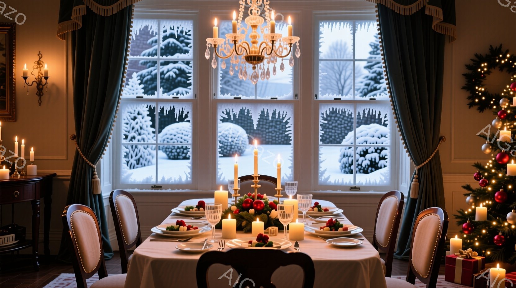 暖炉のある豪華なダイニングルームで、窓の外は雪景色が広がっています。テーブルは白いクロスで覆われ、キャンドル、食器、そして赤い飾りで美しくセッティングされており、クリスマスまたは特別な機会のための準備 - AI生成フリー素材