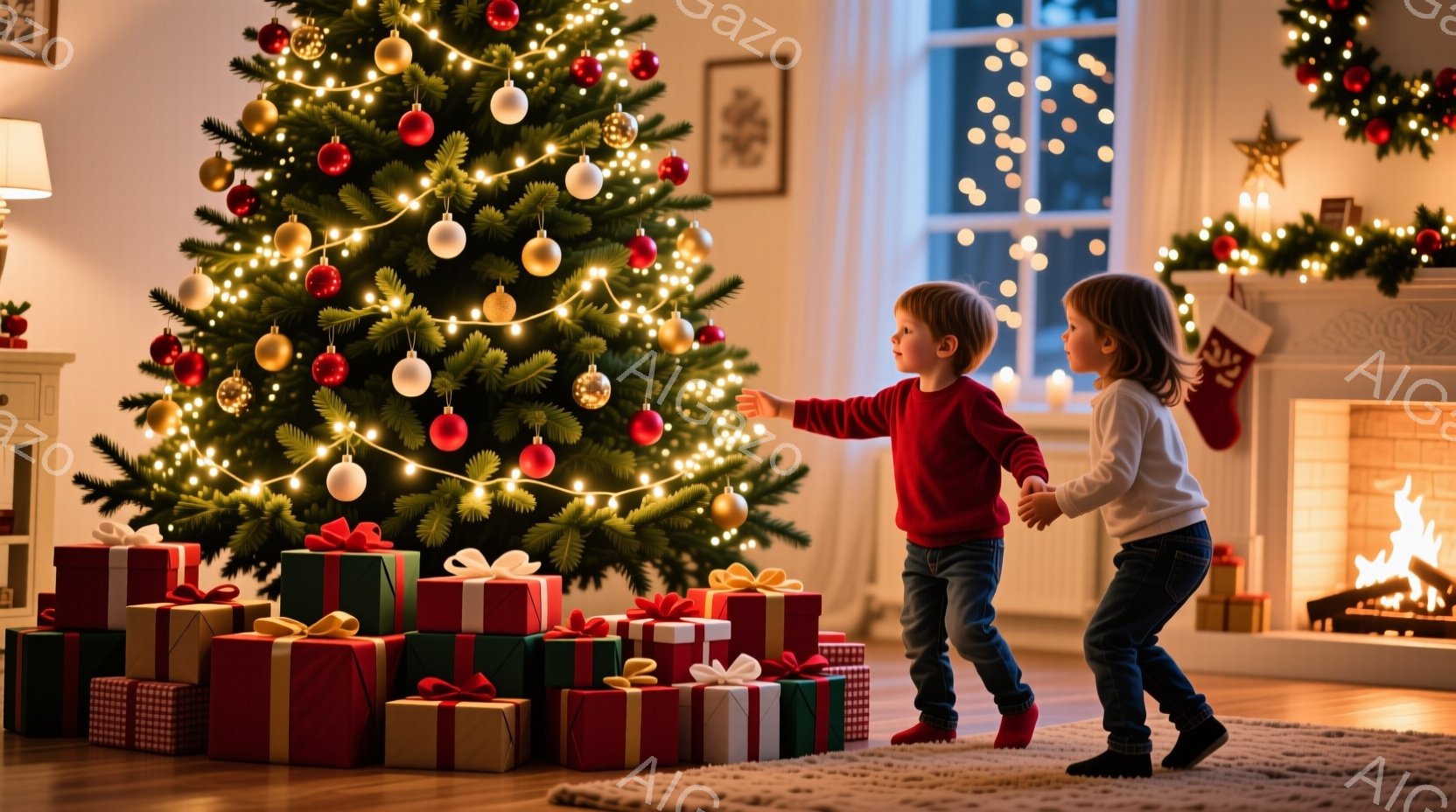 クリスマスツリーの周りには、赤、緑、金色のラッピングペーパーで包まれたプレゼントの山が積み上げられています。幼い男の子は赤いシャツとジーンズを着ており、もう一人の幼い女の子は白いセーターとジーンズを着 - AI生成フリー素材