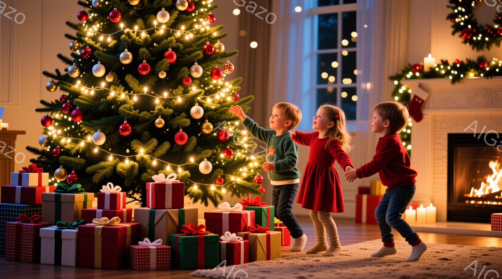 クリスマスツリーの周りにプレゼントの山があり、赤いドレスを着た女の子と赤いセーターを着た男の子が楽しそうに遊んでいます。ツリーは様々な色のオーナメントと電飾で飾られ、暖炉からは温かい光が差し込み、家族 - AI生成フリー素材