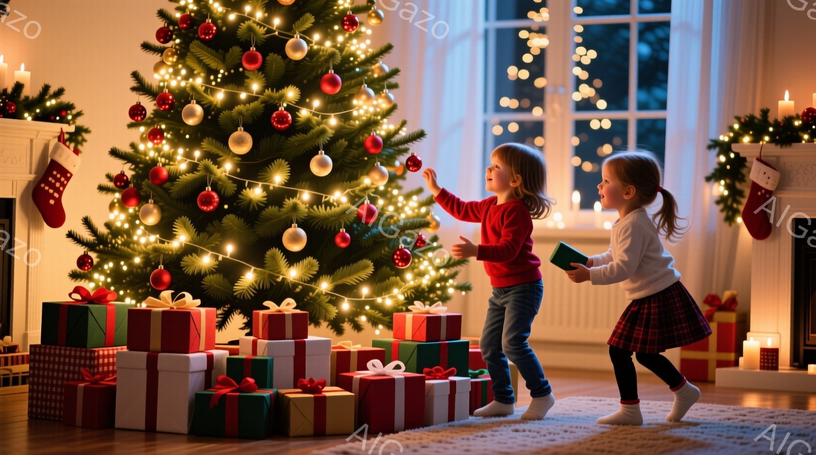 鮮やかな赤い壁紙と豪華な家具が印象的なリビングルームで、窓の外には雪景色が広がっています。クリスマスツリーが部屋の中央に飾られ、暖炉には火が灯り、温かく心地よい雰囲気を醸し出しています。部屋全体がクリ - AI生成フリー素材