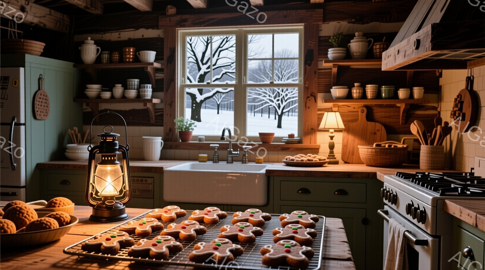 暖炉のある素朴なキッチンで、窓の外には雪景色が広がっています。カウンターにはジンジャーブレッドクッキーが並べられ、ランプや食器が温かみのある雰囲気を醸し出しています。全体的に落ち着いた色調と雪景色が、冬の静けさと家庭的な温もりを感じさせる空間を作り出しています。