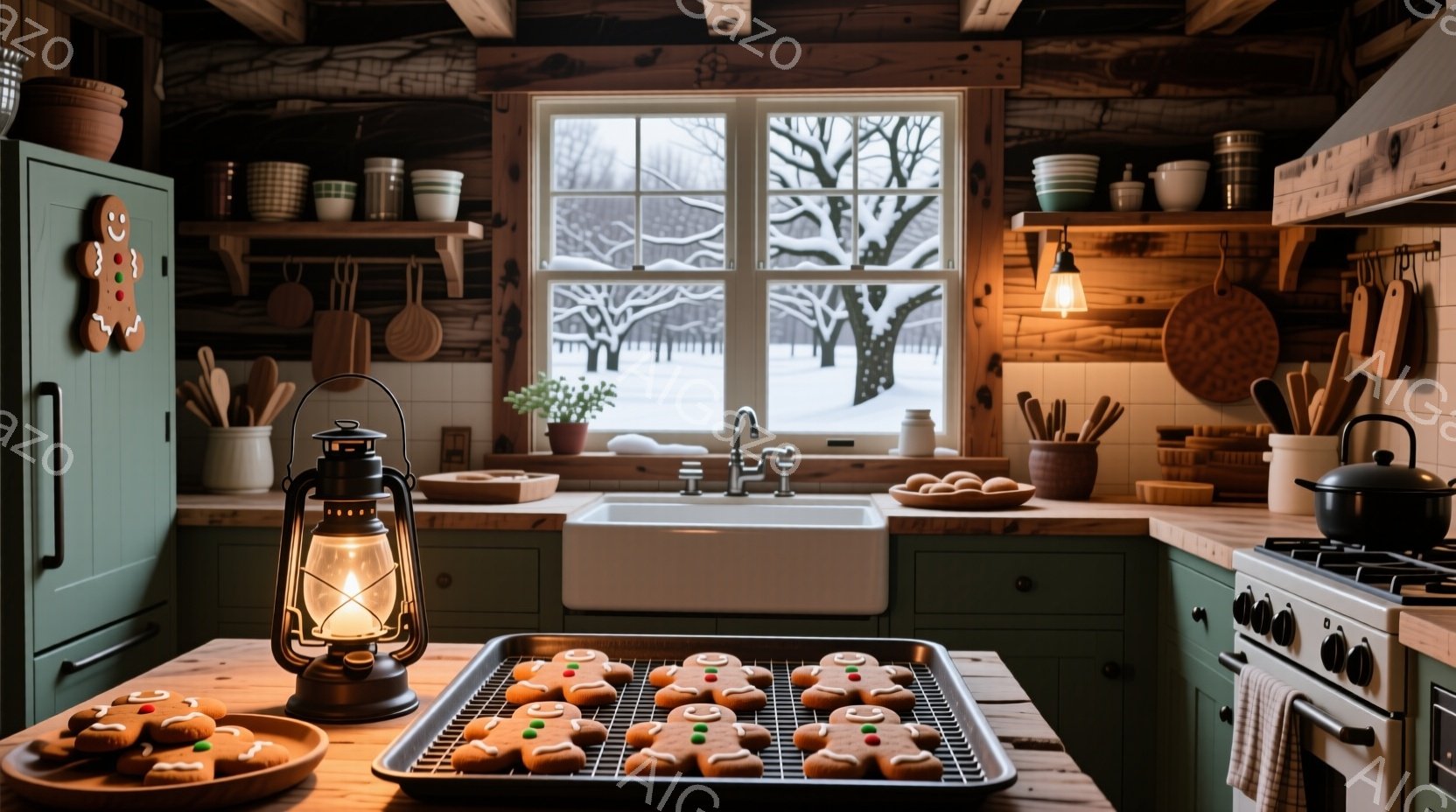 暖炉のある、緑色のキッチンが写っています。窓の外には雪景色が広がり、クリスマスのジンジャーブレッドクッキーが焼き網の上に並べられています。全体的に暖かく、居心地の良い、冬のクリスマスの雰囲気が漂ってい - AI生成フリー素材