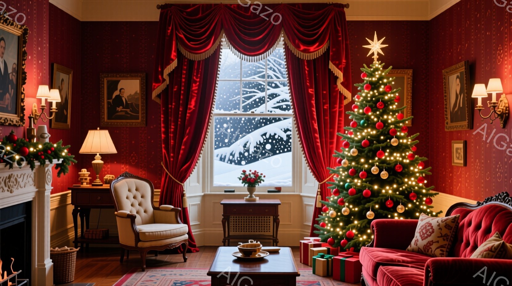 暖炉のある赤い壁の部屋には、クリスマスツリーとプレゼントが飾られています。窓の外は雪景色で、部屋全体が温かく、落ち着いたクリスマスの雰囲気を醸し出しています。アンティーク調の家具と赤いベルベットのソフ - AI生成フリー素材