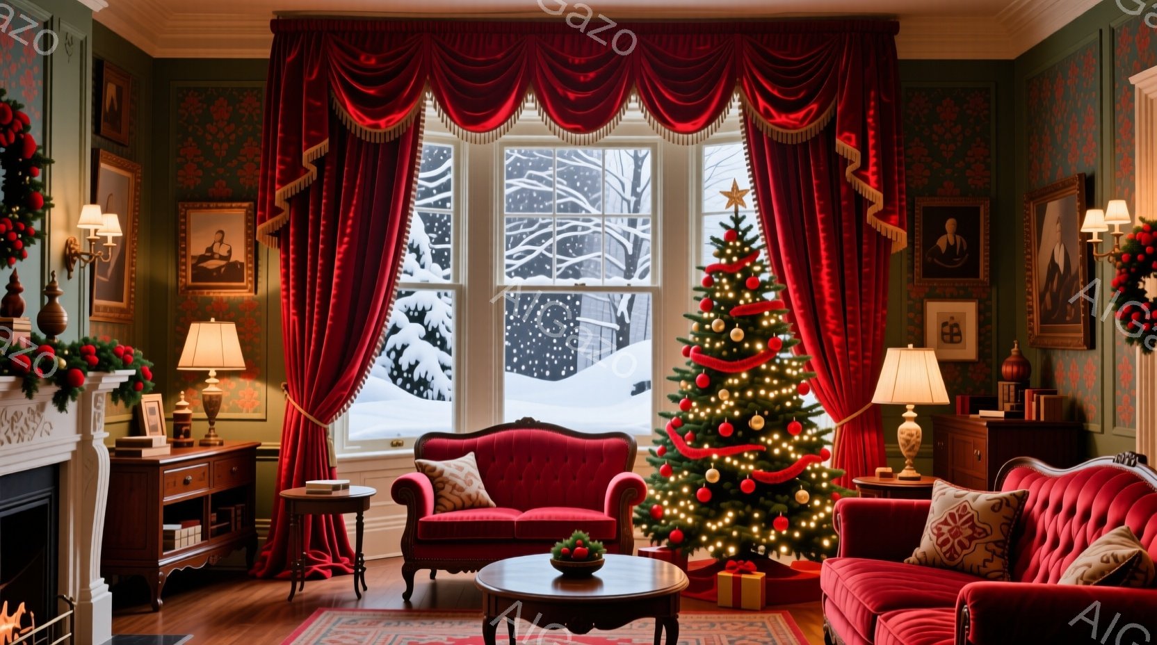 鮮やかな赤色のベルベットのソファと肘掛け椅子が置かれた、豪華で暖炉のあるリビングルームです。窓の外は雪景色で、クリスマスの飾り付けがされたクリスマスツリーが部屋の中心に輝いています。全体的に、暖かく、 - AI生成フリー素材