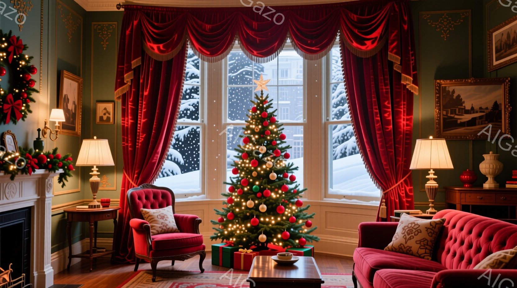 暖炉のある豪華なリビングルームで、クリスマスツリーが窓からの雪景色を背景に飾られています。深紅のベルベットのソファと肘掛け椅子が部屋を彩り、暖かく居心地の良い雰囲気を醸し出しています。クリスマスオーナ - AI生成フリー素材