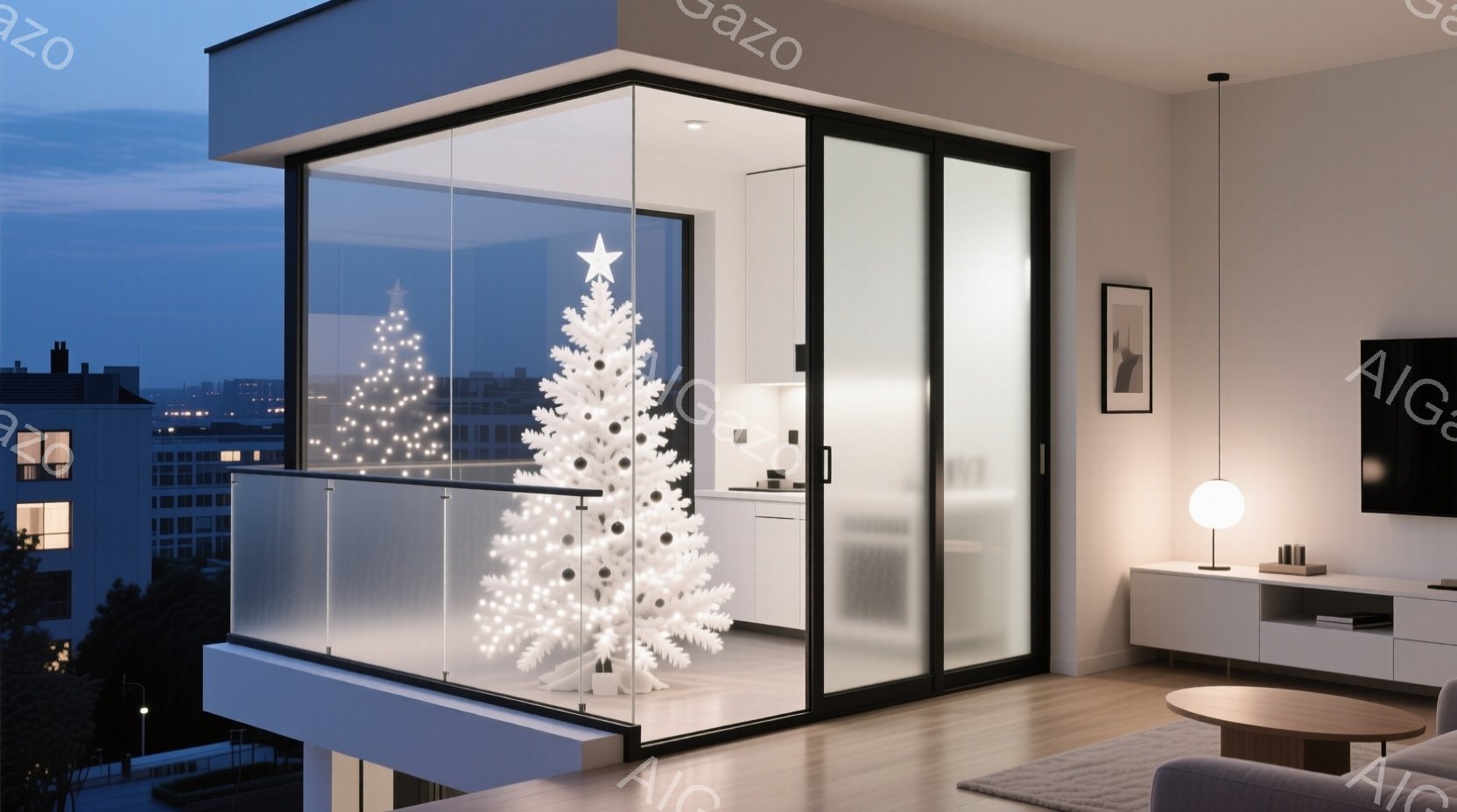 現代的なリビングルームのバルコニーに白いクリスマスツリーが設置されており、都市の夜景が背景に見えます。室内は白を基調としたミニマルなデザインで、暖色系の照明が落ち着いた雰囲気を演出しています。バルコニ - AI生成フリー素材