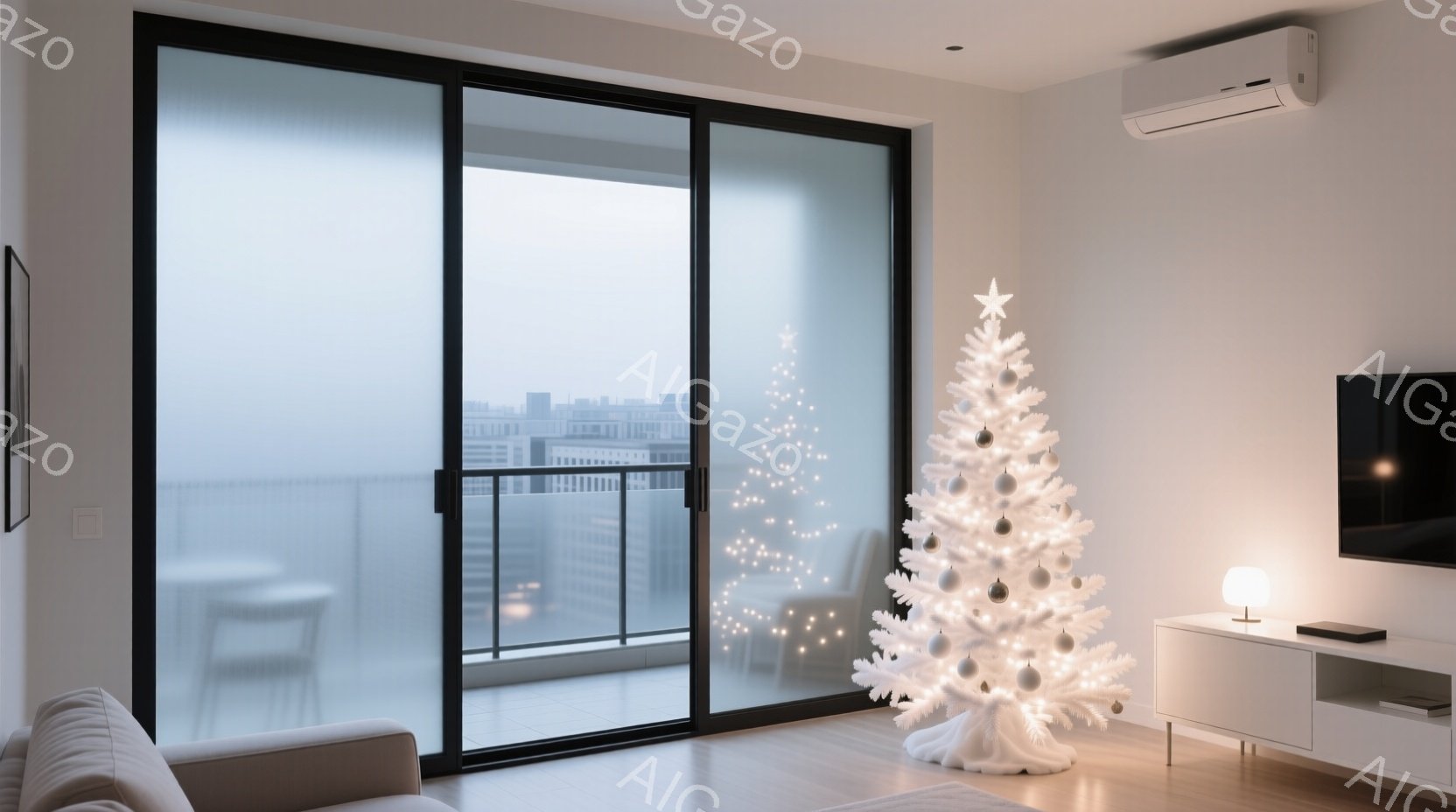 白を基調としたモダンなリビングルームには、クリスマスツリーが置かれ、温かい光が灯っています。大きな窓からは、霞んだ都市の景色が広がり、天候は曇りのようです。室内は落ち着いた雰囲気で、クリスマスシーズン - AI生成フリー素材