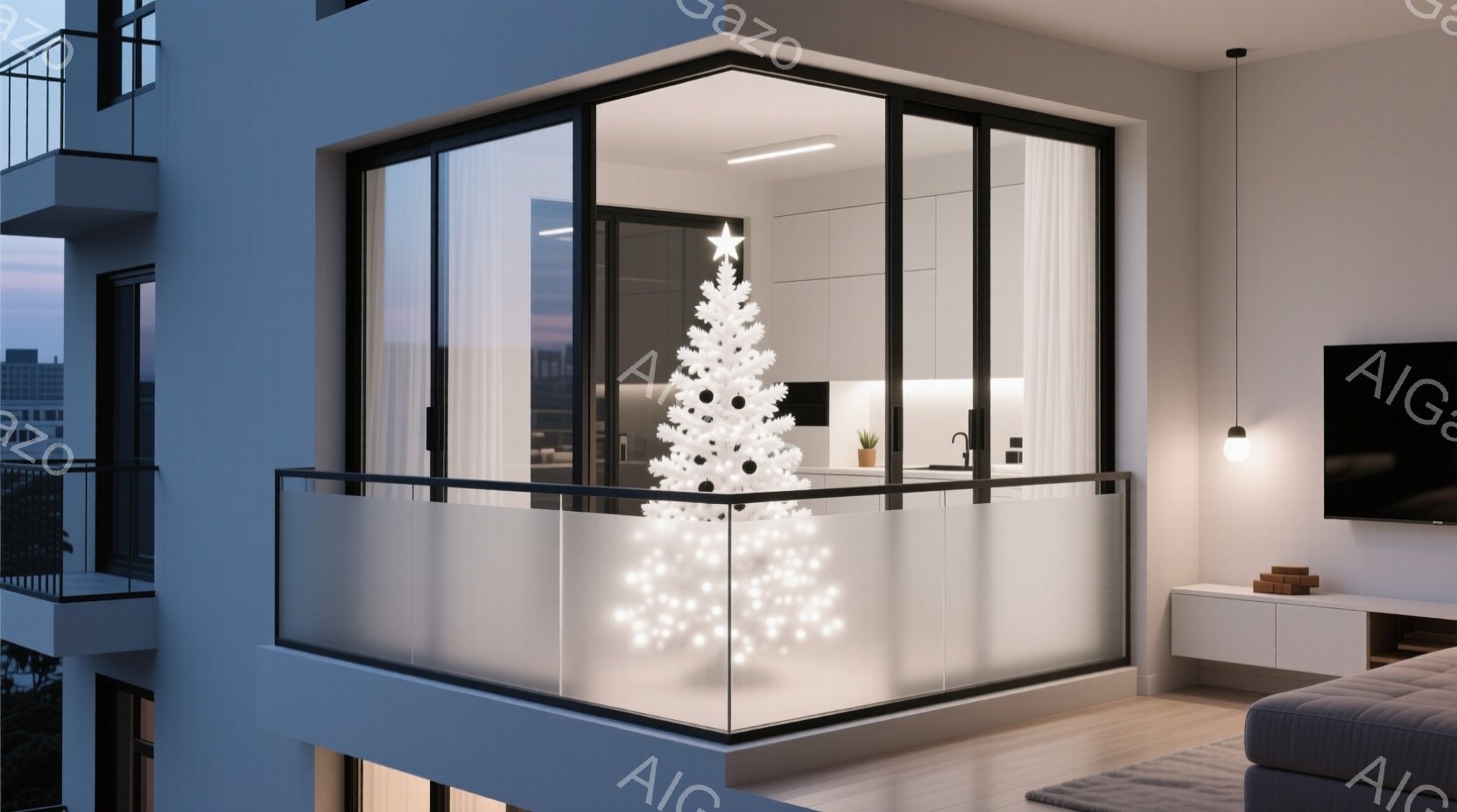 室内は明るくモダンなリビングルームで、大きな窓の外には都会の風景が広がっています。窓辺には白いクリスマスツリーが飾られ、温かい光が室内を照らしています。全体的に、冬の夜の穏やかで洗練された雰囲気が漂っています。