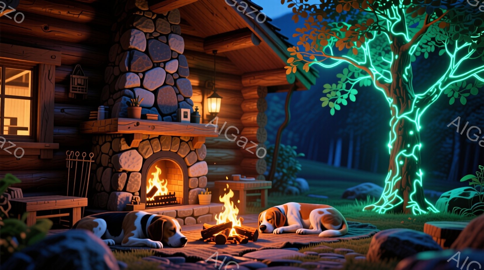 暖炉の屋根裏部屋のような空間で、窓の外には雪景色が広がっています。木製の机の上には、小さなクリスマスツリー、本、文房具などが置かれ、デスクライトが暖かく照らしています。全体的に温かく、静かで、クリスマスの雰囲気が漂う、落ち着いた空間です。