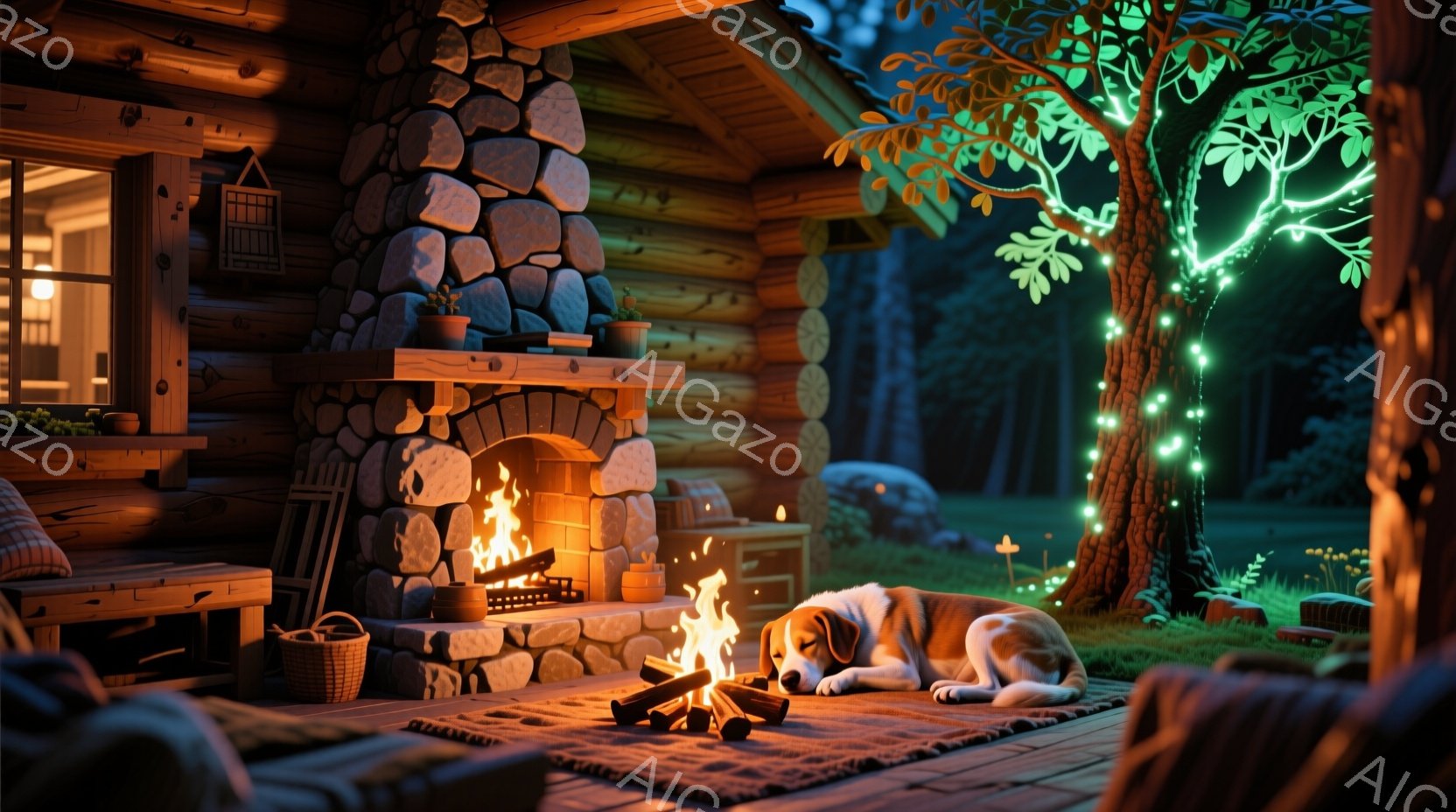 暖炉のそばに横たわるビーグル犬が印象的な、心地よい夜の風景です。ログハウスのテラスはレンガで舗装され、暖炉の火が温かく照らしています。背景には木々が生い茂り、そのうちの一つはきらめく光で飾られ、夜の静 - AI生成フリー素材
