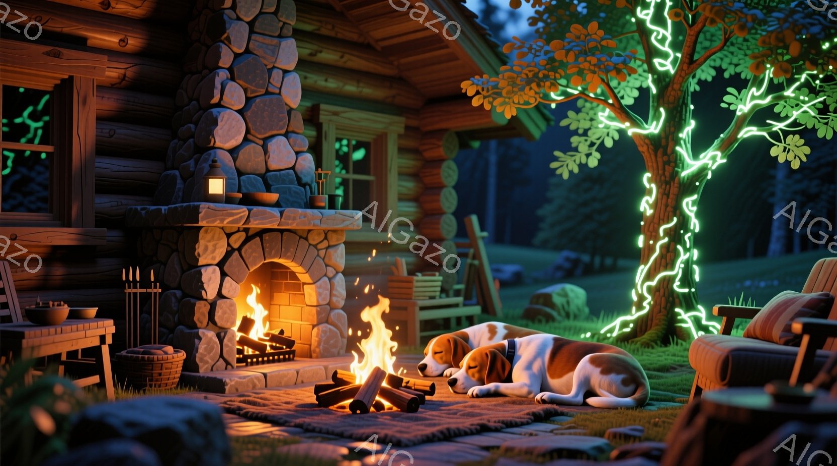 暖炉のそばに、ベア色の犬がリラックスして横たわっています。木製のデッキは暖炉の光で照らされ、背景には素朴なキャビンと暗い森が見えます。光る植物が特徴的な木を飾り、静かで穏やかな夜の雰囲気を醸し出してい - AI生成フリー素材