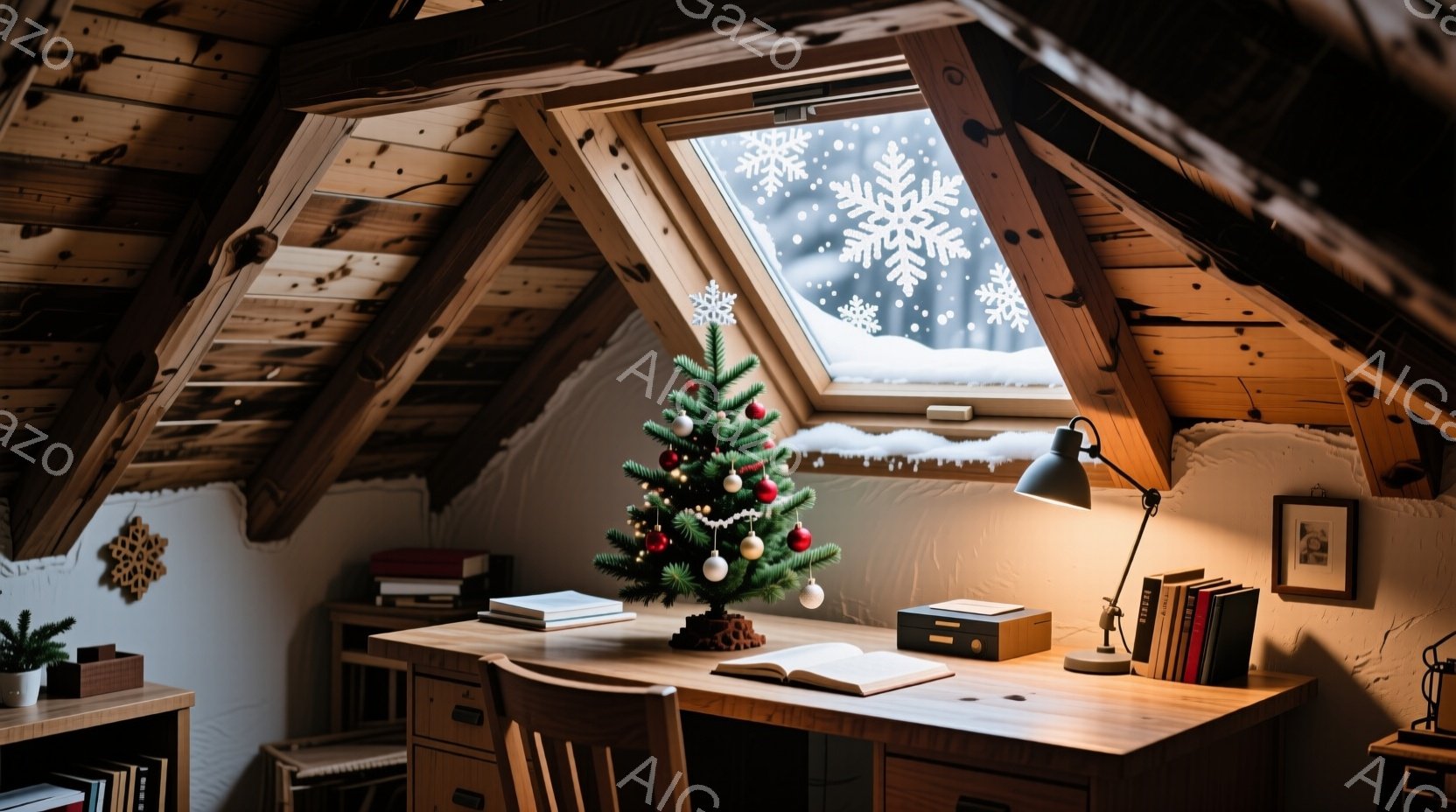 窓から雪が舞う冬の日の、木の屋根裏部屋の一室が描かれている。机の上には小さなクリスマスツリー、開いた本、ランプ、いくつかの本が置かれ、暖かく落ち着いた雰囲気を醸し出している。木の壁と屋根の構造が、この - AI生成フリー素材