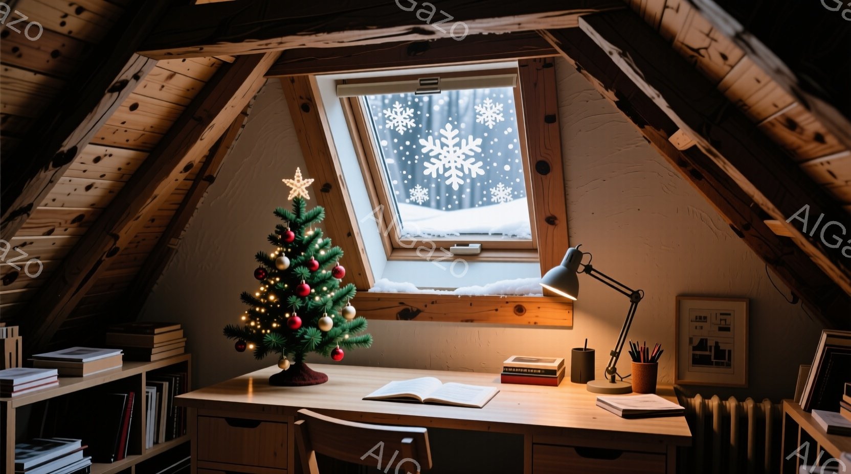 傾斜した屋根裏部屋の窓から雪景色が見える、落ち着いた雰囲気の作業スペースです。木製の机の上には、小さなクリスマスツリー、開いた本、ペン立て、そしていくつかの本が置かれており、暖かく穏やかな冬の情景が広がっています。部屋全体は木材でできており、温かみのある光が空間を照らしています。