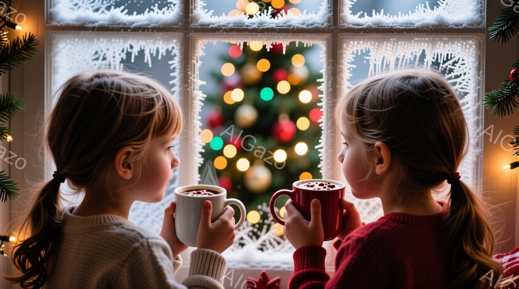 幼い少女二人が、窓の外を眺めながら赤いマグカップを持って寄り添っている。彼女たちはクリーム色のセーターを着ており、髪は後ろでポニーテールに結ばれている。背景にはぼやけたクリスマスツリーの光が輝き、窓枠 - AI生成フリー素材