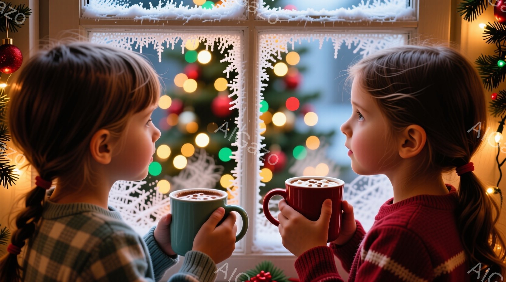 二人の幼い少女が窓辺に寄り添い、赤いマグカップを持って暖かな飲み物を楽しんでいます。彼女たちはチェック柄のセーターを着ており、髪はそれぞれ三つ編みにされています。背景にはぼやけたクリスマスツリーの光が - AI生成フリー素材