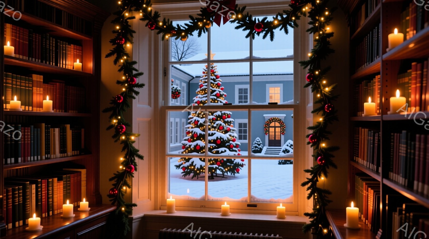 温かみのある丸太小屋の内部で、クリスマスツリーが輝いている。暖炉の火が灯り、椅子には柔らかい毛布がかけられ、リラックスできる雰囲気が漂っている。窓の外には雪景色が広がり、静かで穏やかな冬の日の光景が描 - AI生成フリー素材