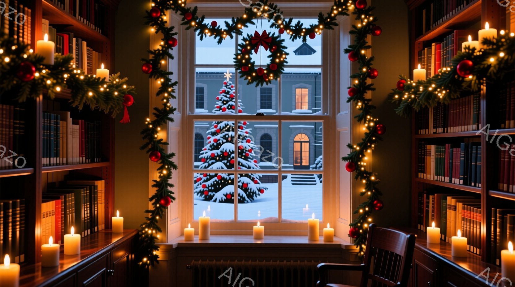 窓辺にはクリスマスの飾り付けが施され、緑のガーランドと温かい光のイルミネーションが広がっています。外には雪景色が広がり、中央にはクリスマスツリーが飾られた建物が見え、冬の静かで温かい雰囲気が漂っていま - AI生成フリー素材