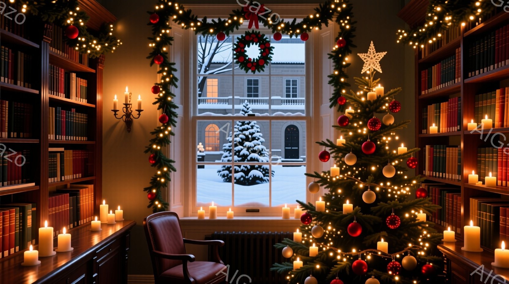 窓辺に飾られたクリスマスツリーと、本棚に並んだ無数のロウソクが温かい光を放つ部屋です。外は雪景色で、建物や木々が白く覆われています。クリスマスの飾り付けが部屋全体に広がり、静かで落ち着いた雰囲気を醸し - AI生成フリー素材