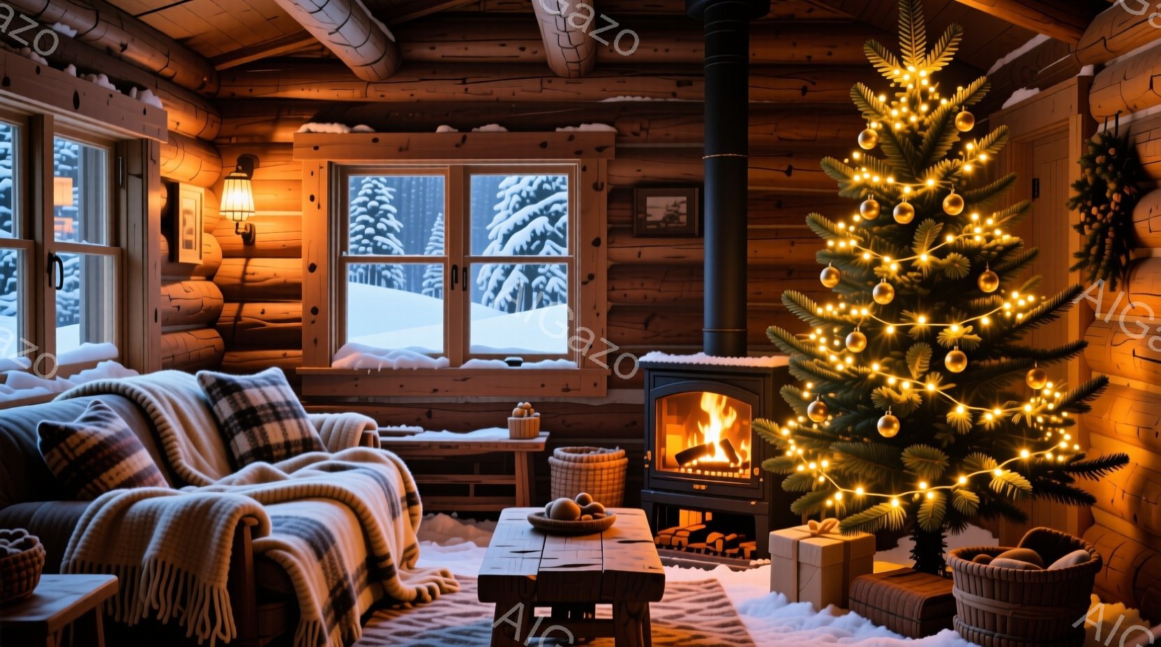 暖炉のある木造コテージの室内が描かれています。窓の外は雪景色で、氷の結晶が窓枠に付着しており、冬の寒さを感じさせます。ロッキングチェアやバスケット、クリスマスソックスなど、温かみのある装飾が施され、静 - AI生成フリー素材