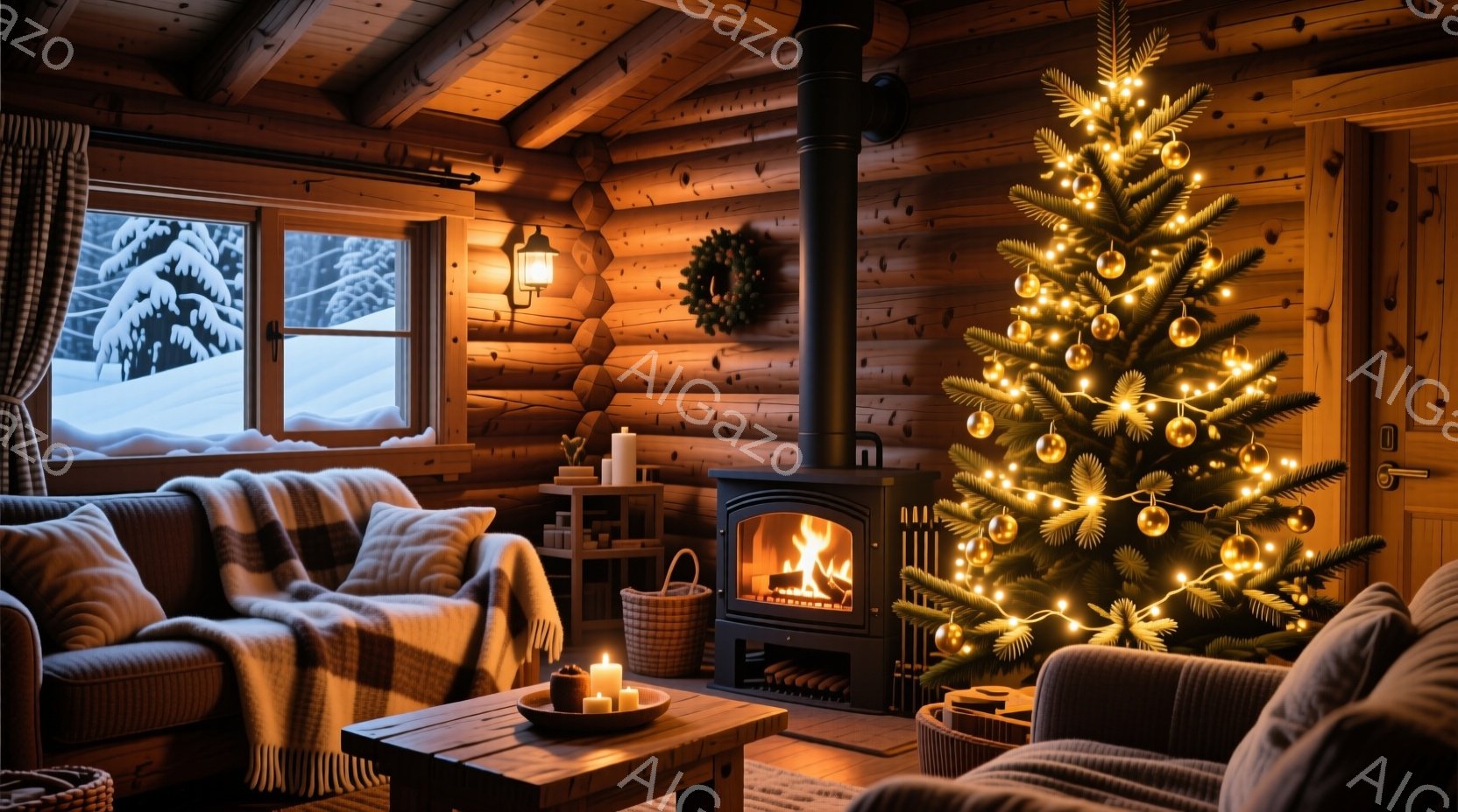 暖炉のある木製のキャビン内部で、クリスマスツリーが輝いています。窓の外には雪景色が広がり、キャビンの温かさと雪の冷たさが対照的です。暖炉の火、キャンドル、そしてツリーの光が、部屋全体に居心地の良い、穏 - AI生成フリー素材