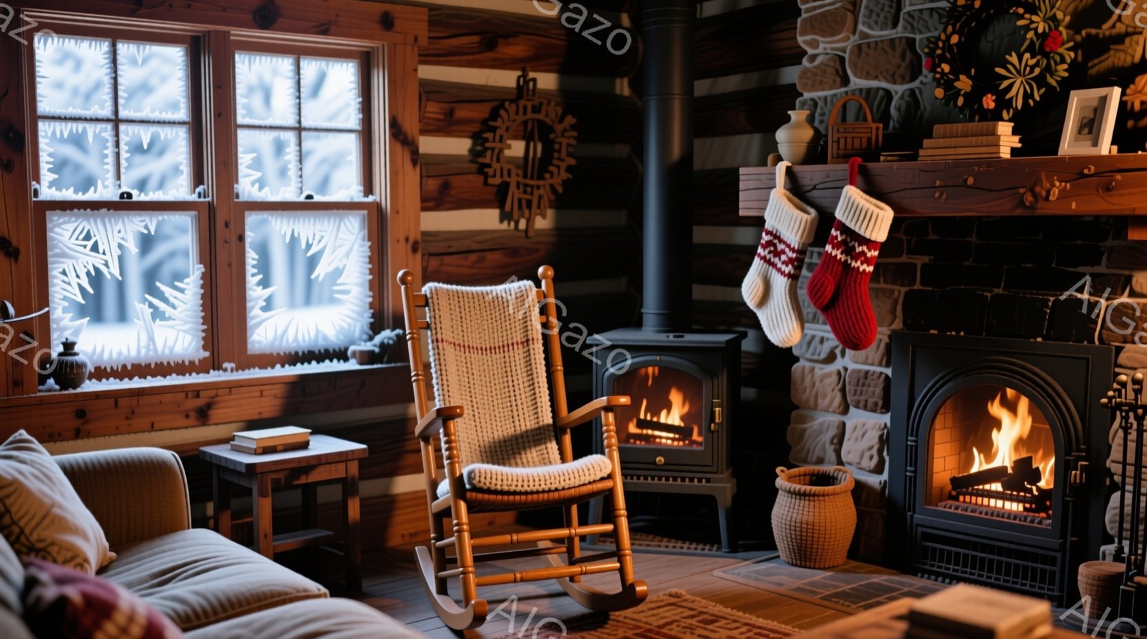 暖炉のある木造コテージの室内で、窓の外は雪景色が広がっています。ロッキングチェアと小さなテーブル、そしてソックスが暖炉の上に飾られ、温かく居心地の良い雰囲気を醸し出しています。壁は木製で、部屋全体が暖 - AI生成フリー素材