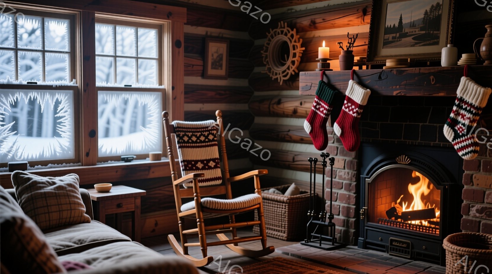 暖炉のある居心地の良いキャビン内部です。窓の外は雪景色で、室内に温かい光が差し込んでいます。ロッキングチェアとソファが置かれ、クリスマスソックスが暖炉の上に飾られ、居心地の良い冬の雰囲気を醸し出してい - AI生成フリー素材