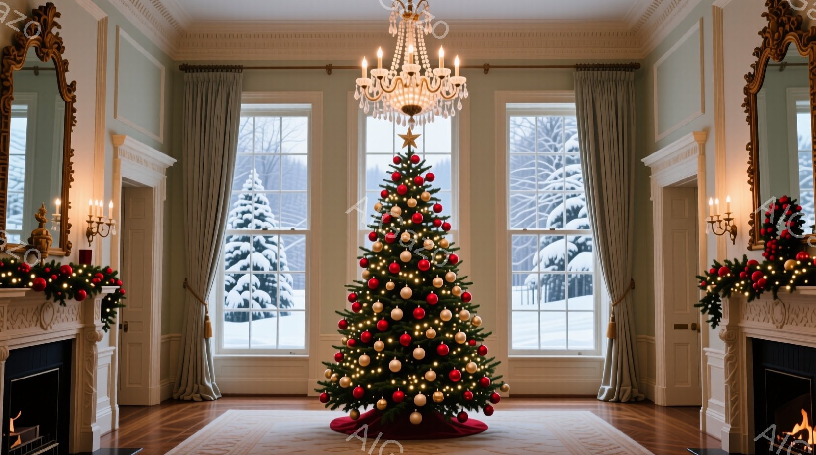 広々とした部屋の中央に、クリスマスツリーが飾られています。窓の外は雪景色で、暖炉には火が灯り、部屋全体が温かい光に包まれています。クラシックで優雅な雰囲気が漂い、静かで平和なクリスマスを連想させます。 - AI生成フリー素材