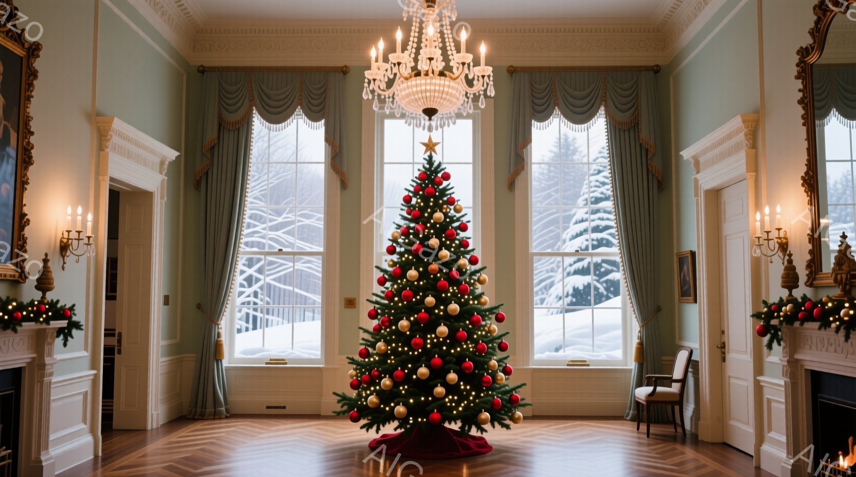 豪華な部屋の中央には、赤色の敷物の上に飾られた大きなクリスマスツリーが置かれています。窓の外は雪景色で、部屋全体が暖かく、お祝いの雰囲気で満たされています。壁には肖像画が飾られ、暖炉とシャンデリアが部 - AI生成フリー素材