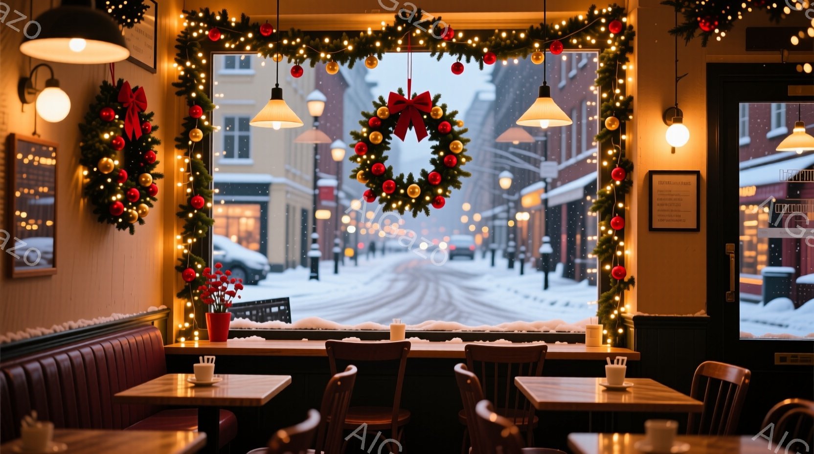 店内の窓からは雪景色が見え、クリスマスの装飾が施された暖炉のあるカフェの内部が描かれています。赤い革張りのブース席と木製のテーブルが並び、各テーブルにはコーヒーカップが置かれています。窓の外は雪に覆わ - AI生成フリー素材