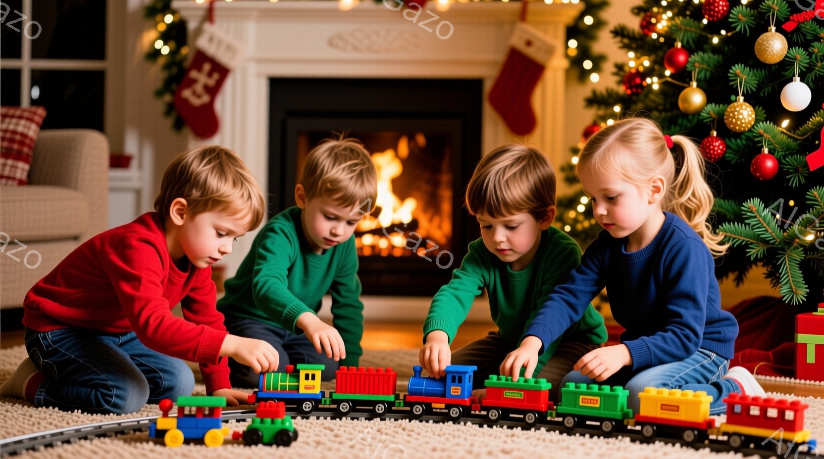 暖炉の前で、四人の子供たちがレゴの電車で遊んでいます。子供たちはそれぞれ赤いシャツ、緑のシャツ、青いシャツ、そして青いセーターを着ており、茶色の髪で、集中して電車を組み立てています。背景にはクリスマスツリーが飾られ、暖かい家庭的な雰囲気を感じられます。