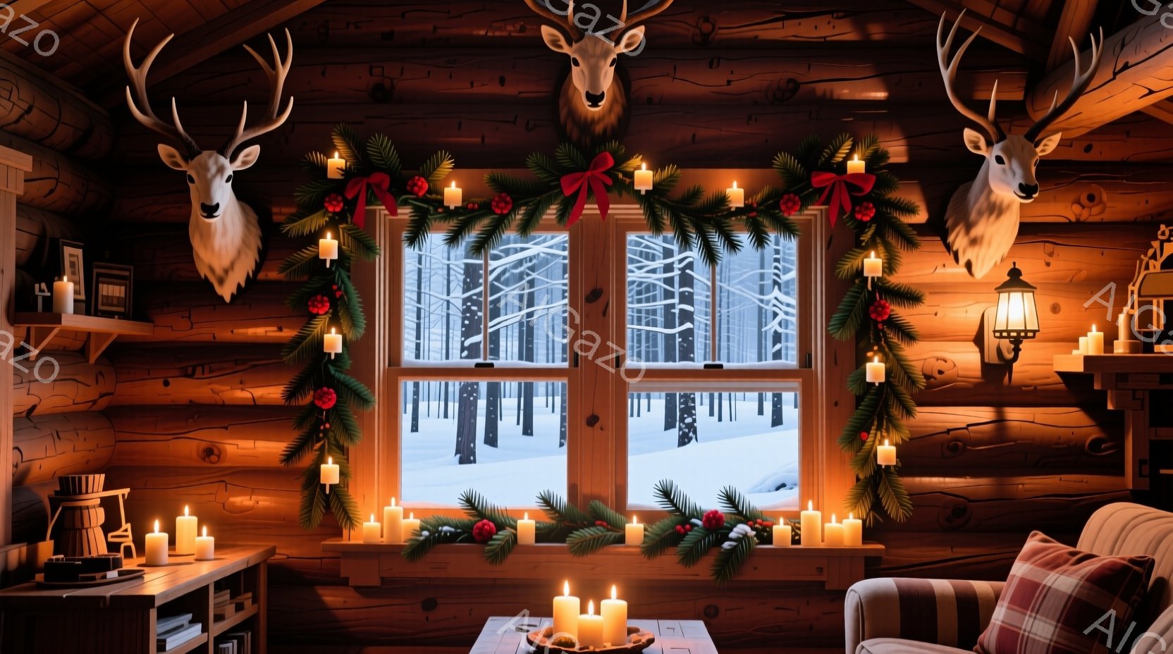 温かい光に包まれた木造コテージの室内です。窓辺にはクリスマスの飾り付けが施され、キャンドルが灯り、窓の外には雪景色が広がっています。壁には鹿の剥製が飾られ、暖炉や木製の家具が、落ち着いた、冬の温かさを - AI生成フリー素材