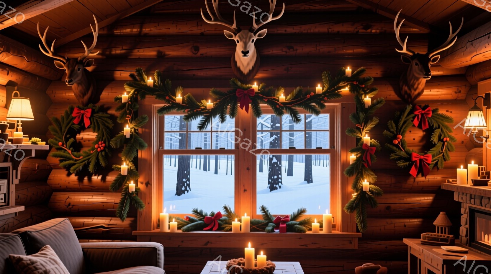 暖炉のある木の家の中は、冬の雪景色を背景にした温かく居心地の良い空間です。窓辺にはキャンドルと緑の飾りが並べられ、壁には鹿の剥製が飾られています。全体的に、クリスマスや冬の休日の穏やかな、静謐な雰囲気を醸し出しています。