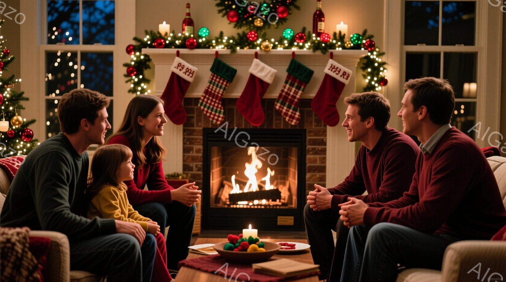 暖炉の前で家族が座り、暖かな光に包まれています。母親は赤いセーターを着て微笑み、娘は黄色の服を着て母親を見つめています。背景にはクリスマス装飾が施された暖炉があり、足元にはキャンドルと本が置かれたテー - AI生成フリー素材