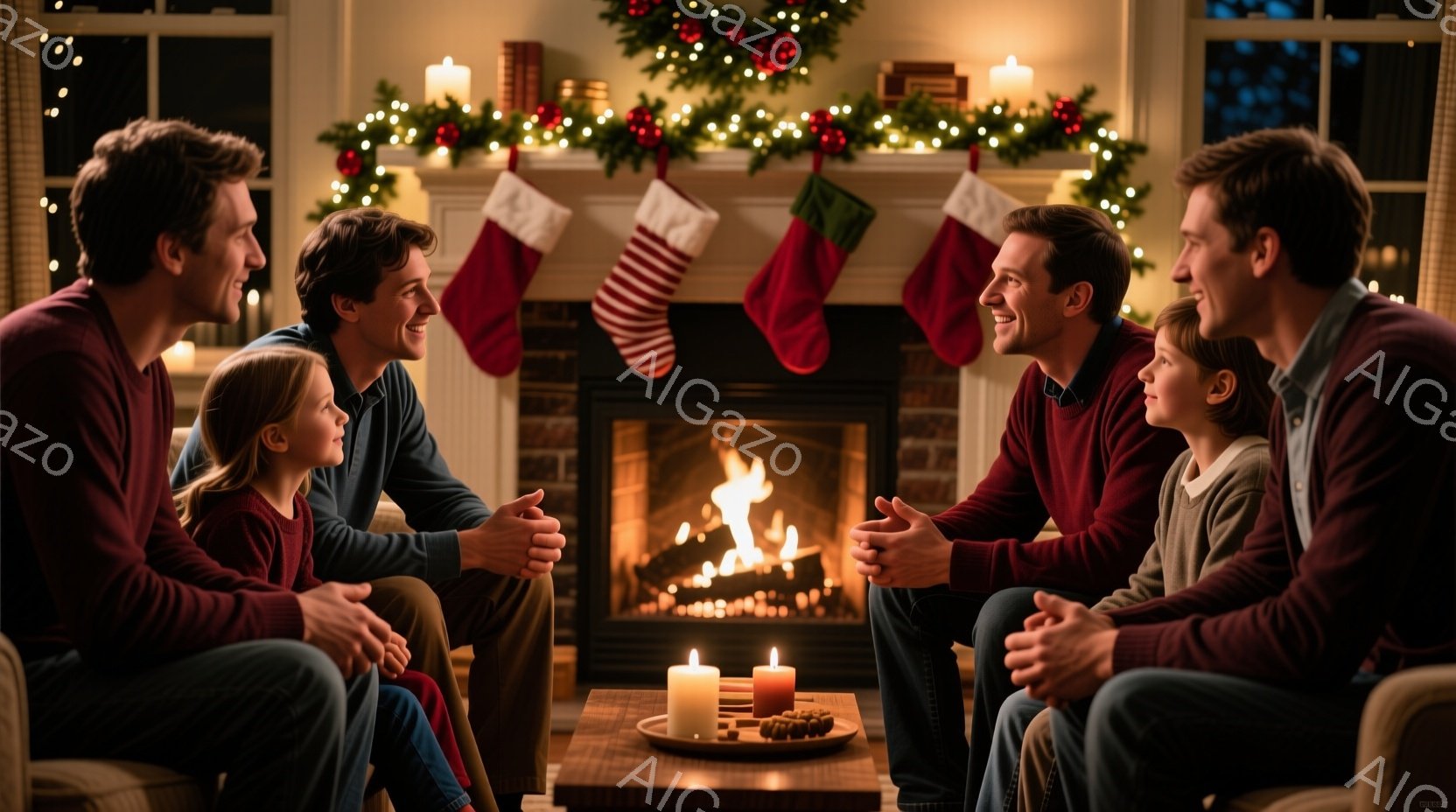 暖炉の前で、家族がリラックスして座っています。男性たちは落ち着いた色のセーターを着ており、女性と子供たちはカジュアルな服装です。背景にはクリスマスガーランドや靴下が飾られ、暖炉の火が温かい雰囲気を醸し - AI生成フリー素材