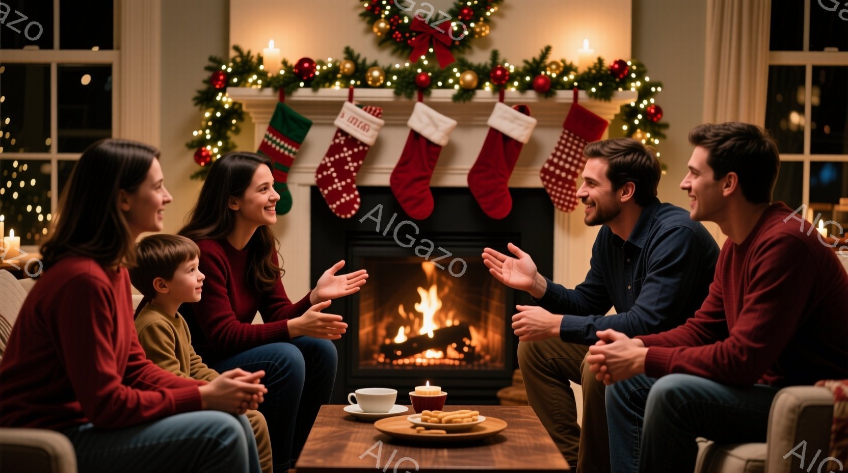 暖炉の前で家族四人が円座り、楽しそうに会話しています。母親は明るい笑顔で何かを説明し、父親と娘は熱心に耳を傾けています。背景にはクリスマスデコレーションが施された暖炉があり、温かく穏やかな家庭の雰囲気 - AI生成フリー素材