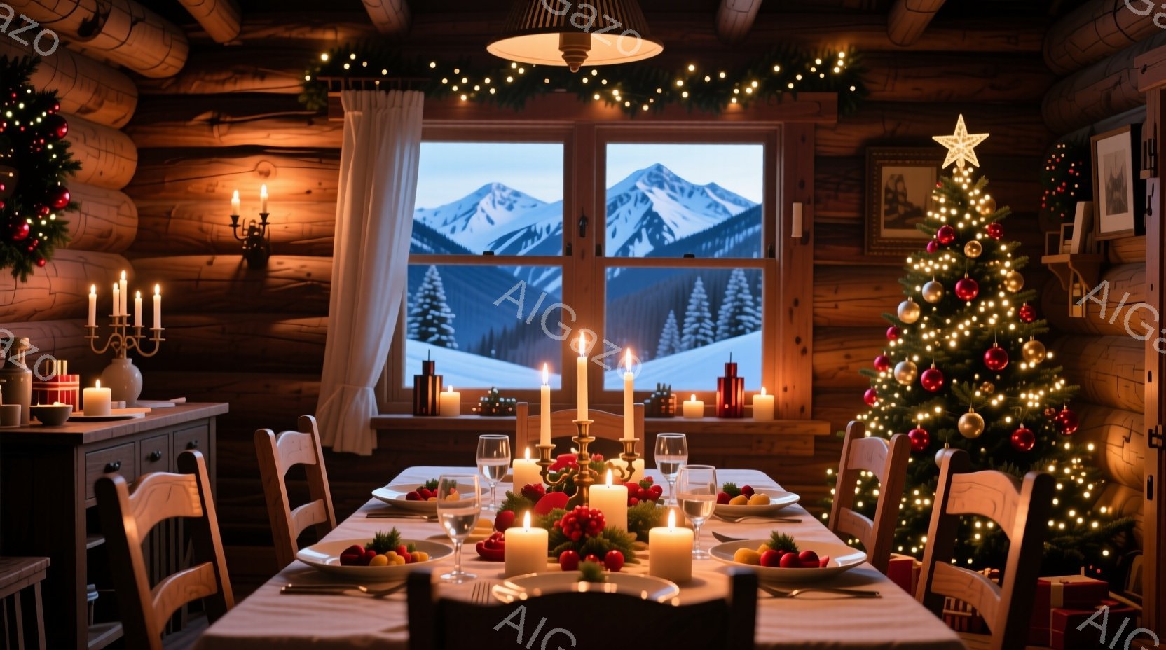 暖炉のある木の壁の部屋で、クリスマスディナーの準備が整えられています。大きな窓からは雪を頂いた山々が見え、部屋全体が温かく、居心地の良い雰囲気に包まれています。テーブルにはキャンドル、食器、そしてクリ - AI生成フリー素材