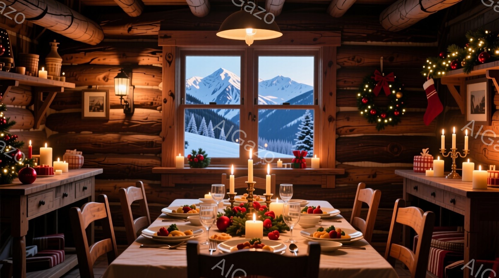 暖炉のある木の家の中、クリスマスの飾り付けが施されたダイニングテーブルが写っています。窓からは雪を頂いた山々が見え、テーブルの上にはキャンドル、お皿、グラスが置かれ、暖かく居心地の良い雰囲気を醸し出し - AI生成フリー素材