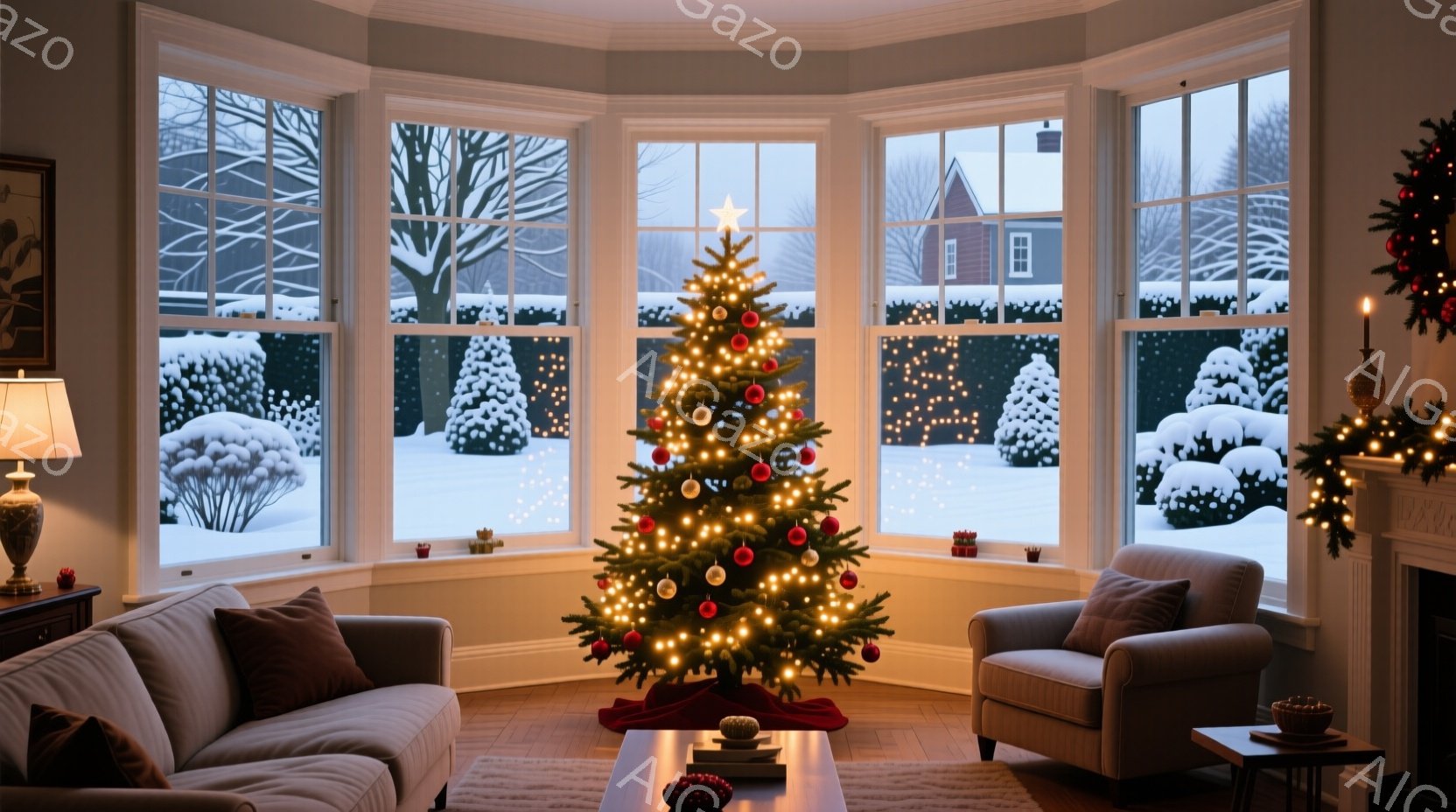 窓の外は雪景色で、庭の木々や建物が白い雪に覆われています。室内にはクリスマスツリーが飾られ、暖かく穏やかな雰囲気が漂っています。暖炉のそばには椅子とソファがあり、リラックスできる空間が演出されています - AI生成フリー素材
