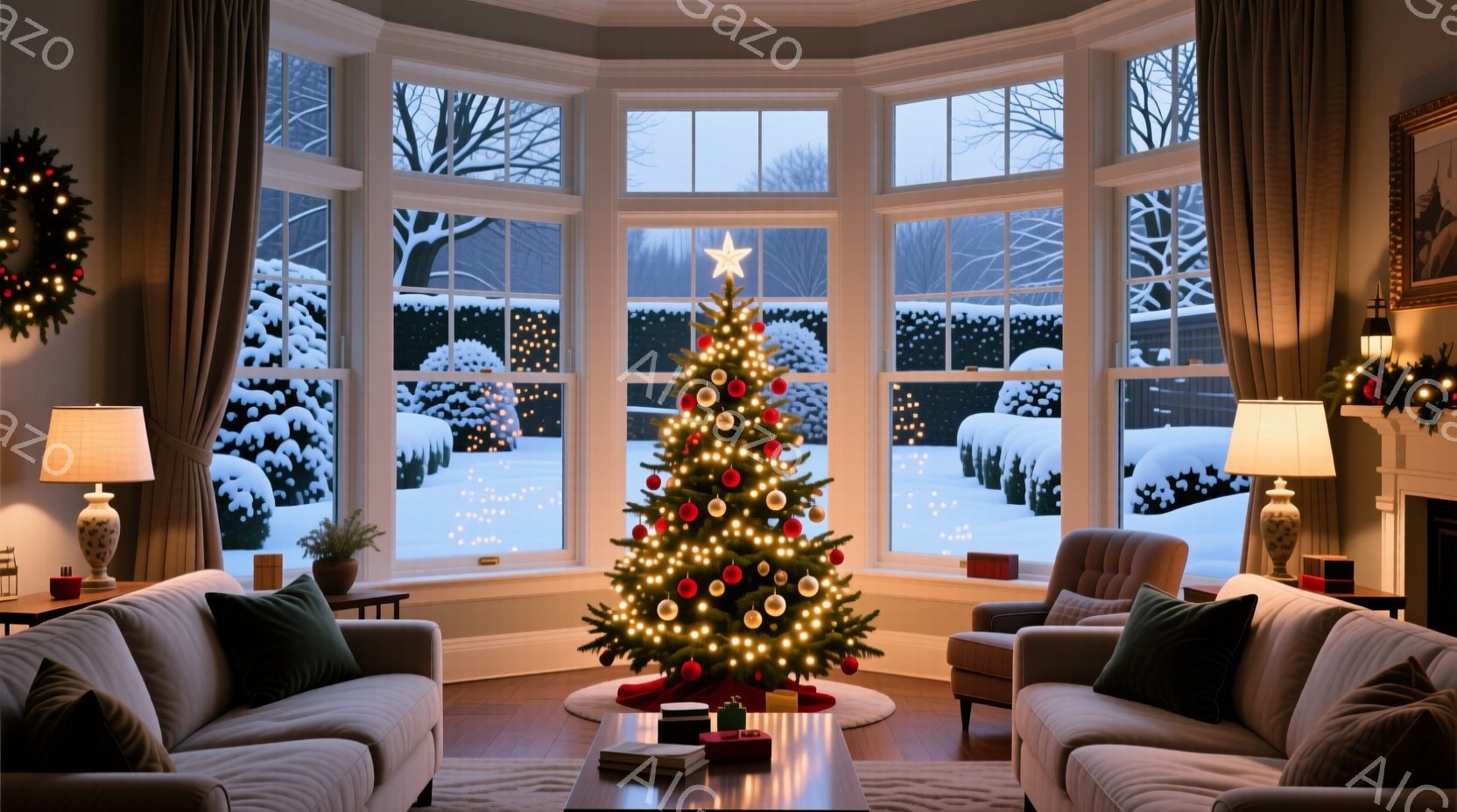 暖炉のあるリビングルームには、クリスマスツリーが飾られています。雪が降り積もった庭園が大きな窓から見え、室内の温かく穏やかな雰囲気を引き立てています。ソファーや椅子にはクッションが置かれ、テーブルの上 - AI生成フリー素材