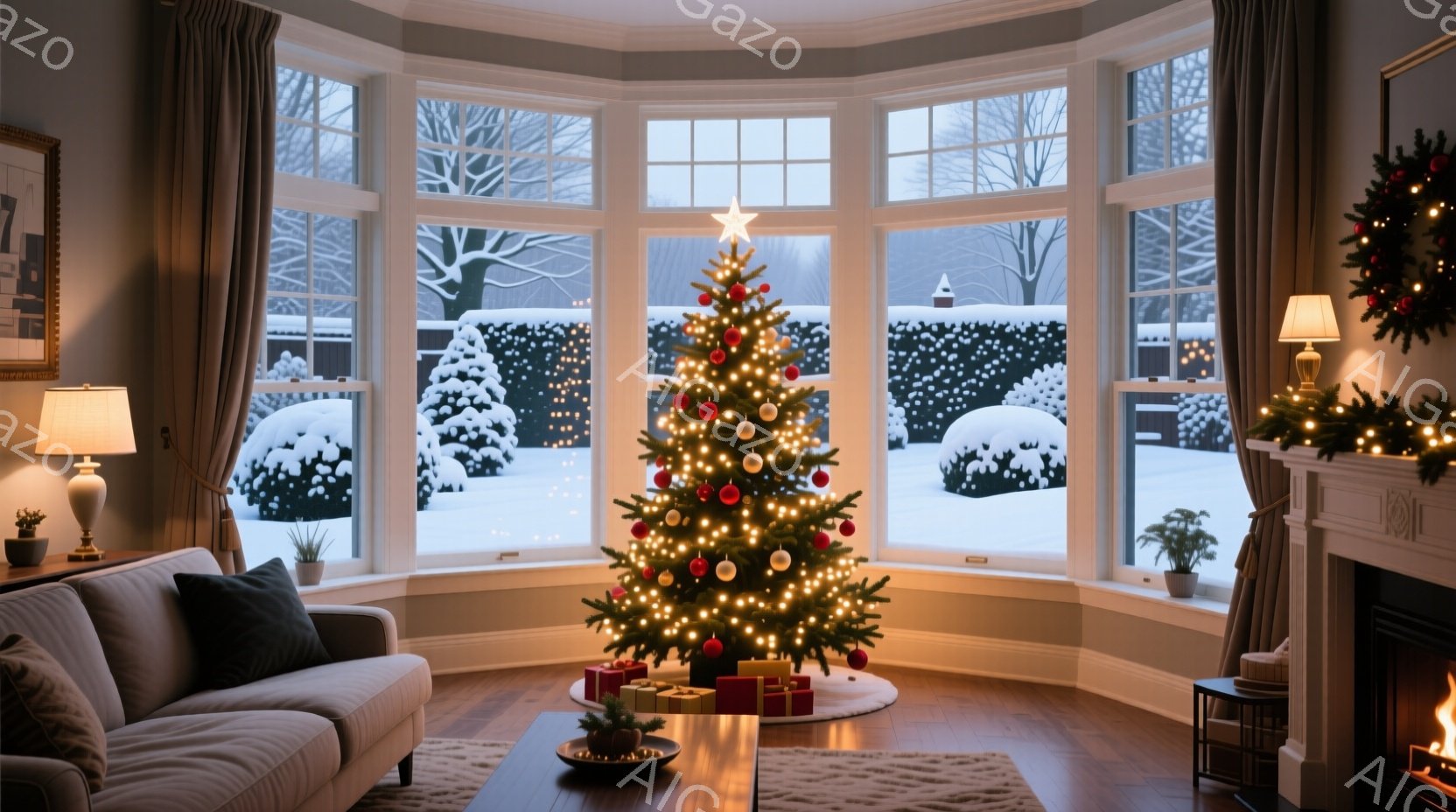 窓の外は雪景色で、庭の木々や茂みが真っ白に覆われています。室内には、クリスマスツリーが飾られ、明るい光で照らされ、下にはプレゼントが置かれています。暖炉の火が灯り、居心地の良い暖かい雰囲気が漂い、クリ - AI生成フリー素材