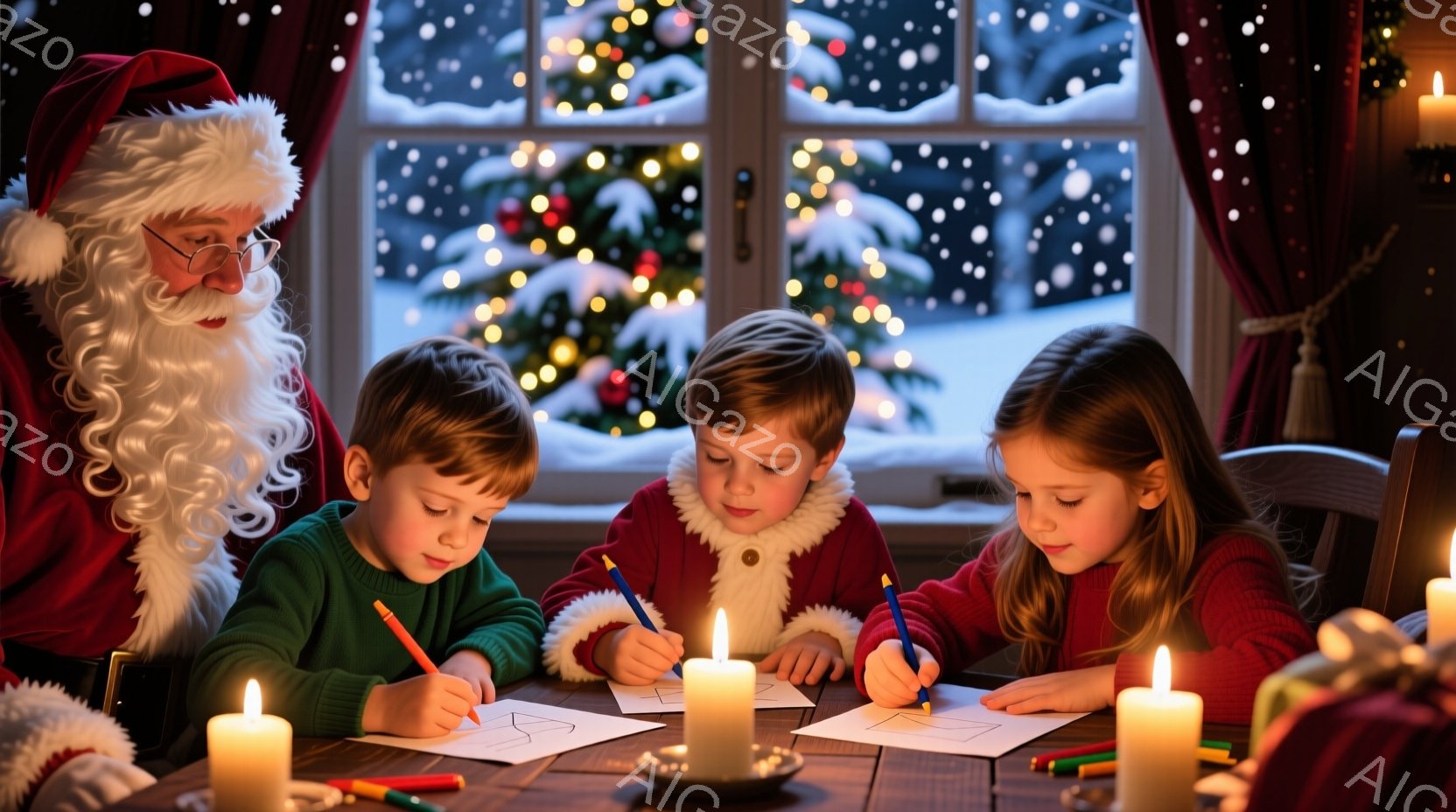 サンタクロースと二人の子供たちがテーブルを囲んで絵を描いている様子が描かれています。サンタは赤い衣装を着て白いひげを生やし、子供たちはそれぞれ緑と赤のセーターを着ています。背景には雪景色が見え、暖炉の光とキャンドルの明かりが温かい雰囲気を醸し出しています。