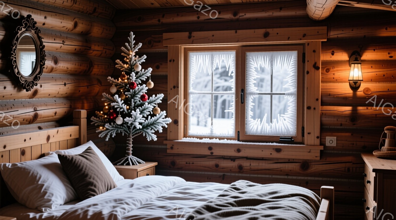 暖炉の木造ベッドルームには、雪の降る森の景色が見える窓が広がっています。クリスマスツリーがベッドサイドテーブルに飾られ、暖かく居心地の良い雰囲気を醸し出しています。木の壁と白いリネン類が冬の温かさを強調し、静かで穏やかな空間を作り出しています。