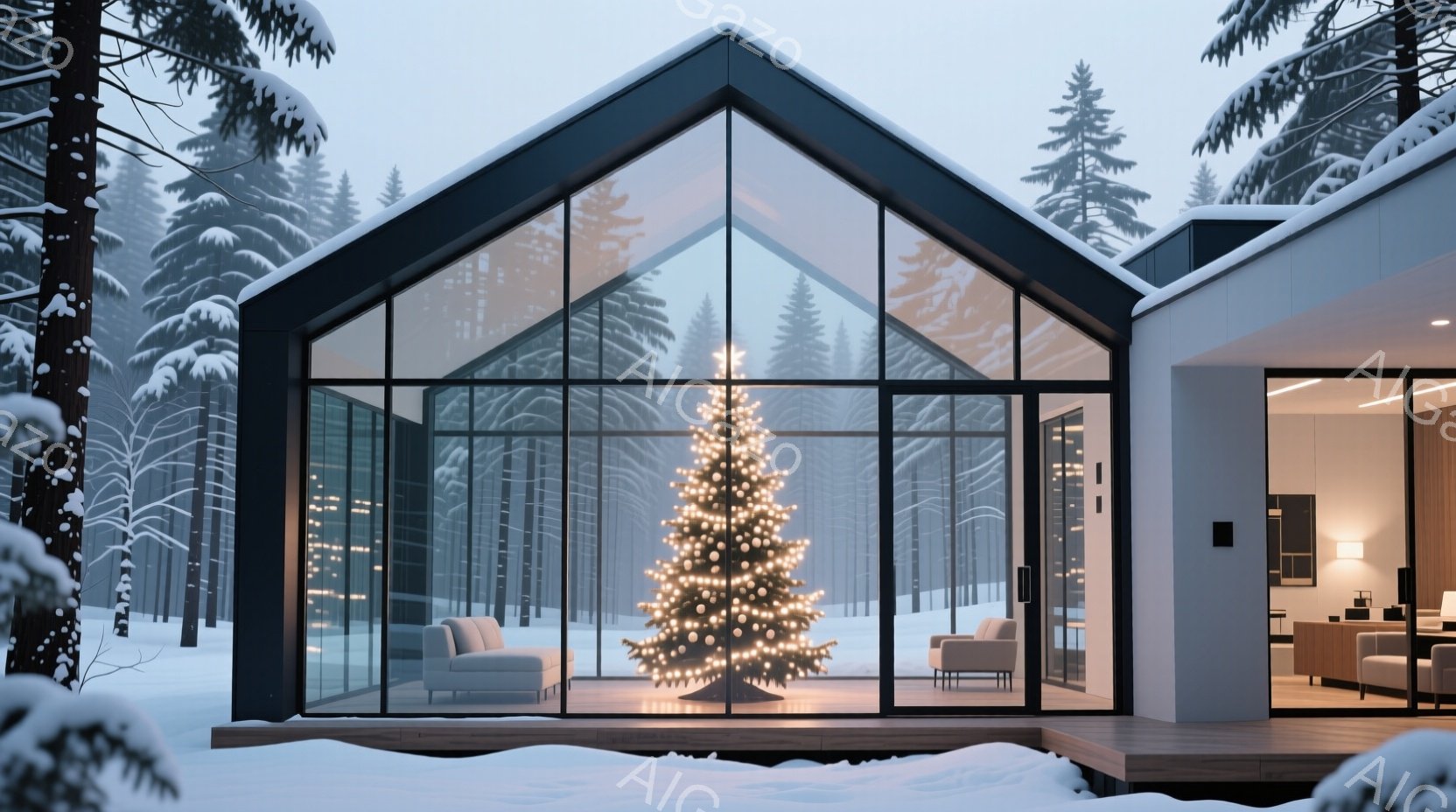 広大な雪景色の中に、大きなガラス張りの家が佇んでいます。リビングにはクリスマスツリーが飾られ、温かい光が灯り、２つのアームチェアが置かれています。背景には雪をまとった針葉樹林が広がり、静かで穏やかな冬の雰囲気を醸し出しています。