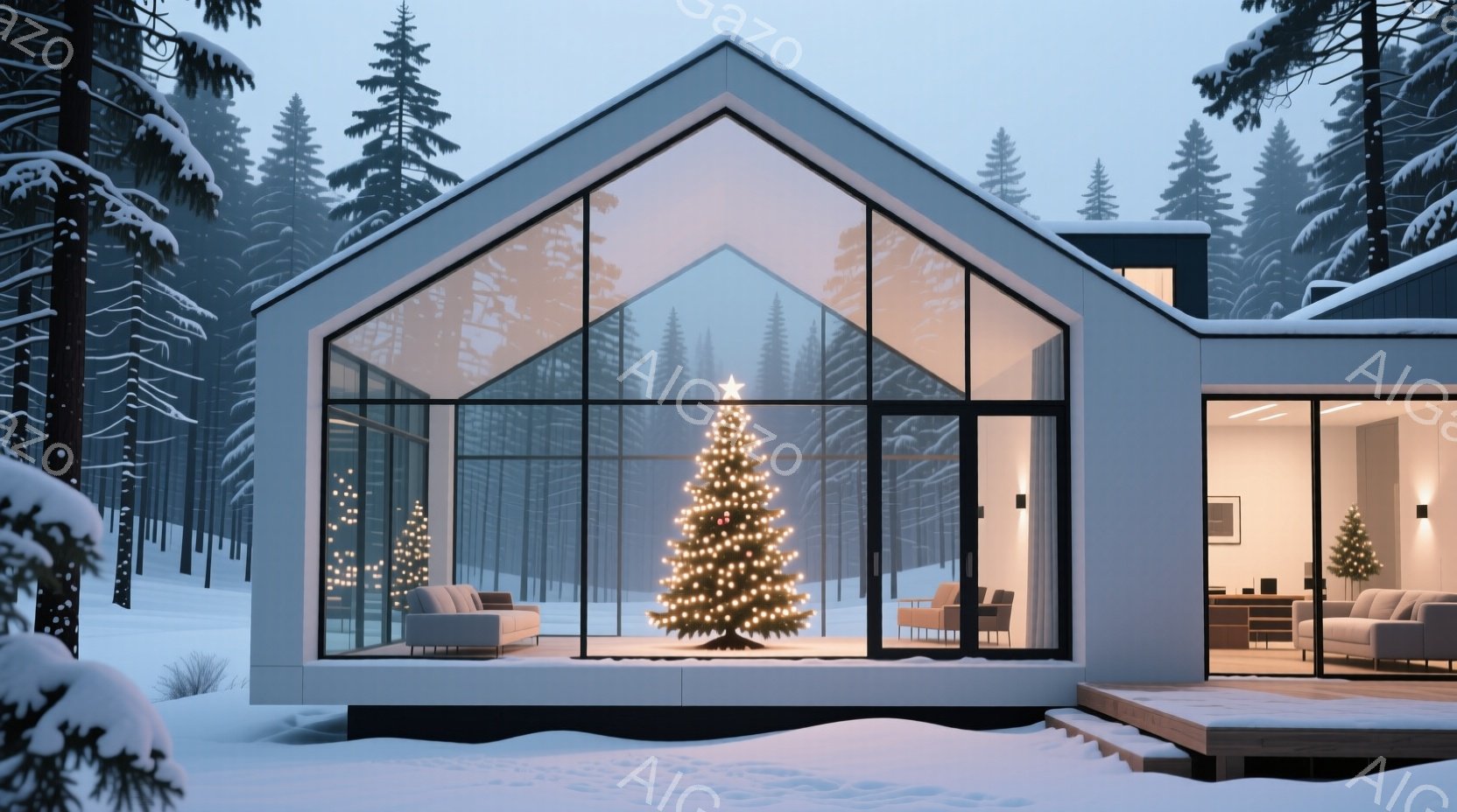 吹雪の森の中に佇むモダンな家屋が描かれています。大きなガラス張りの窓からは、クリスマスの飾り付けがされたクリスマスツリーが見え、温かい光が灯っています。雪景色と室内からの暖かな光が対比し、静かで穏やか - AI生成フリー素材