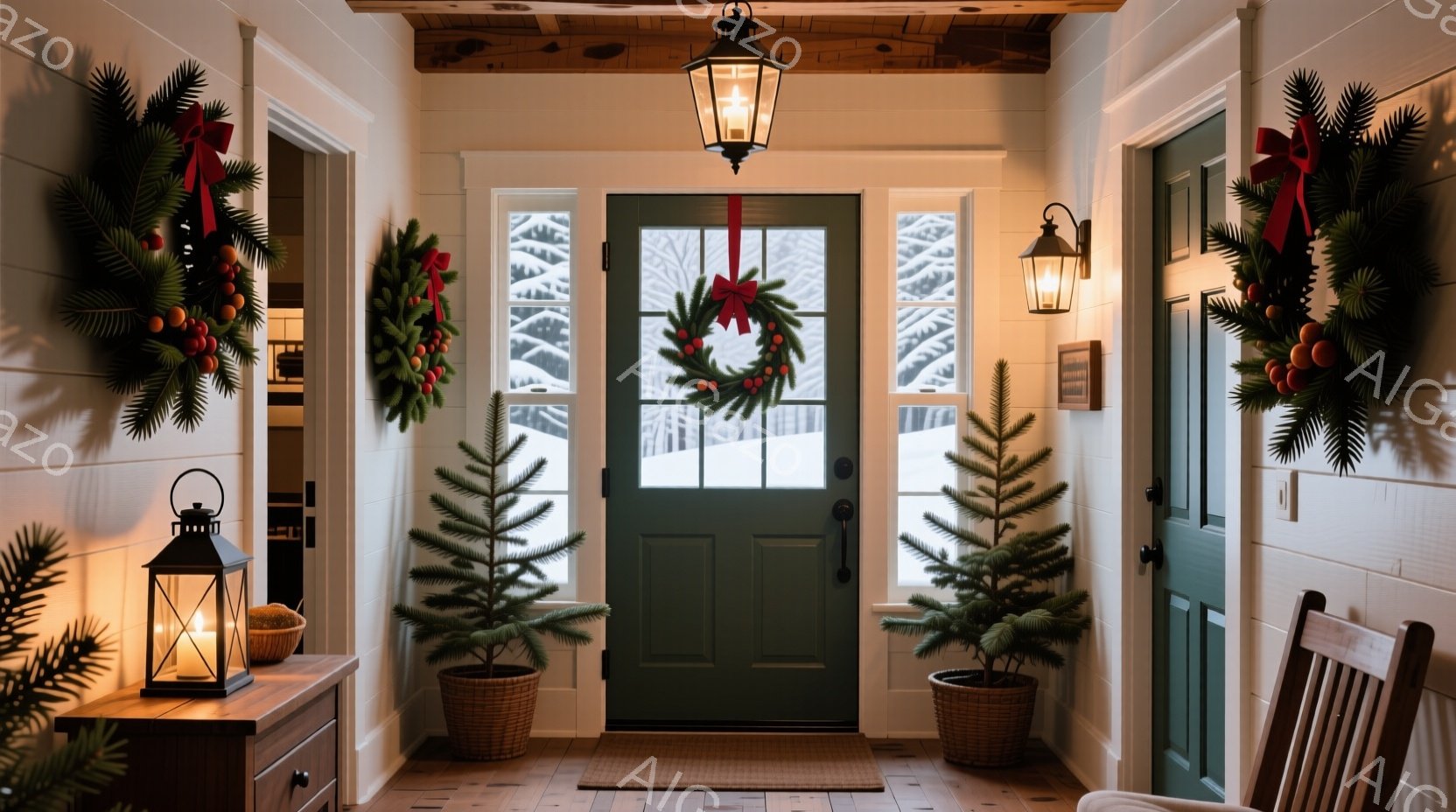 白い壁と木の床の玄関が写っており、クリスマスの装飾が施されています。エメラルドグリーンのドアにはクリスマスリースが飾られ、両脇には小さなモミの木が置かれています。壁にはランタンが設置され、全体的に暖かく、お祝いムードが漂う空間です。