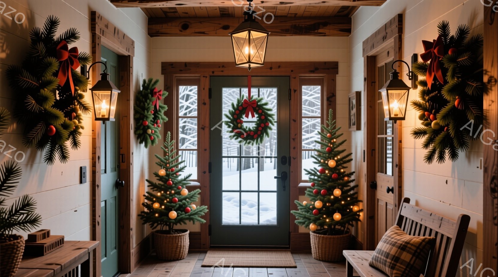 暖かい光が差し込むエントランスは、クリスマスに向けて装飾された美しい空間です。緑のリースや小さなクリスマスツリーが配置され、窓の外には雪景色が広がっています。木製のベンチと籐のバスケットが温かみを添え - AI生成フリー素材
