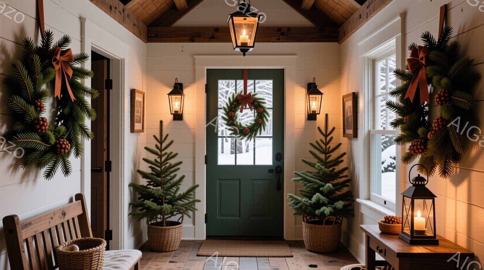 白い壁と木の床の玄関は、クリスマスの装飾で温かく飾られています。緑色のドアにはクリスマスリースがかけられ、両脇には小さなクリスマスツリーがバスケットに入って飾られています。壁にはキャンドルが灯されたランタンが取り付けられ、全体的に暖かく、居心地の良い冬の雰囲気を醸し出しています。